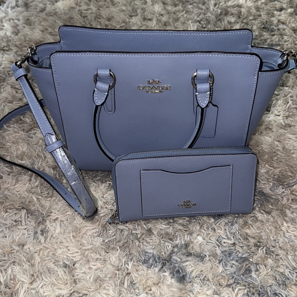 Fairly new baby blue coach bag! Comes with matching wallet🩵